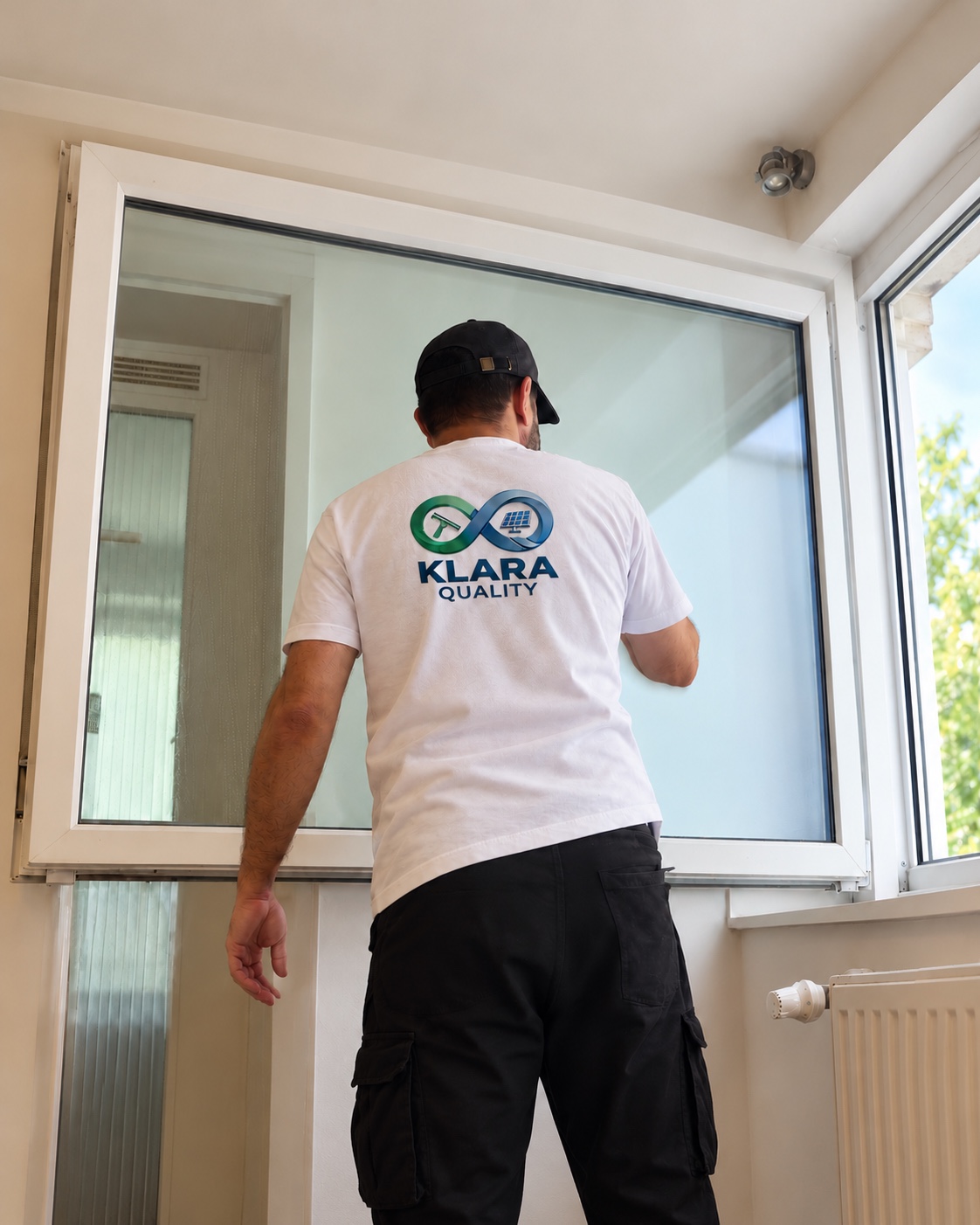 KLARA QUALITY Mitarbeiter mit Firmenlogo auf dem Shirt bei der Fensterreinigung